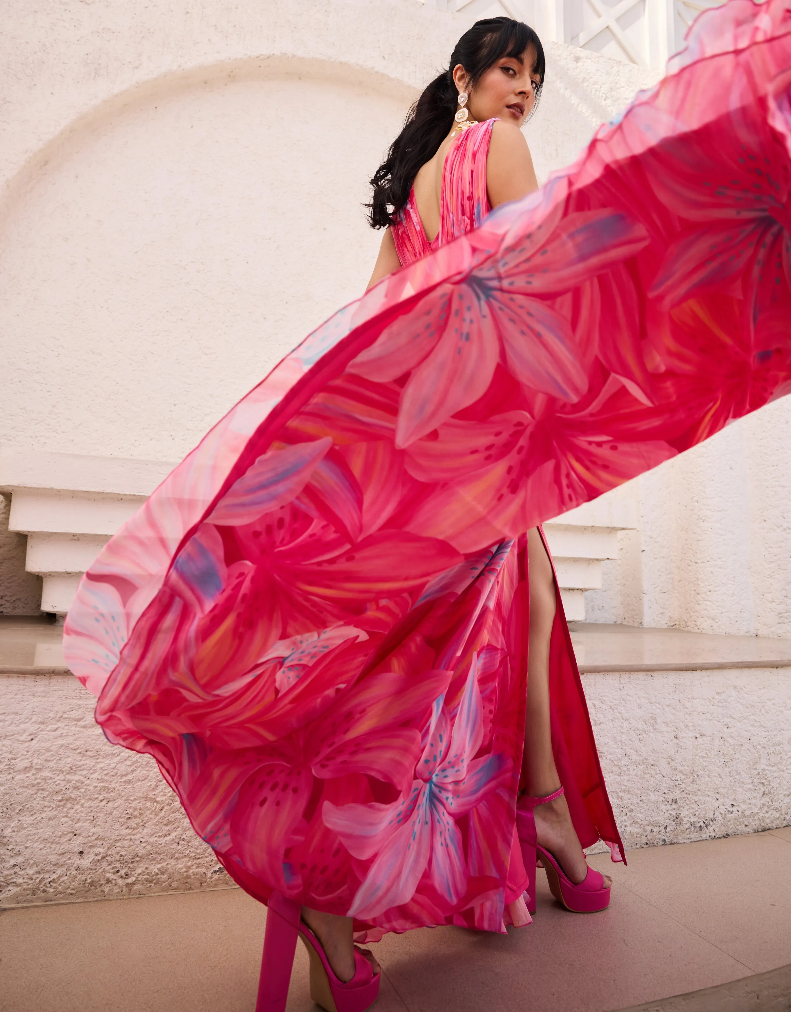 Blush Pink Lily Printed Slit Dress