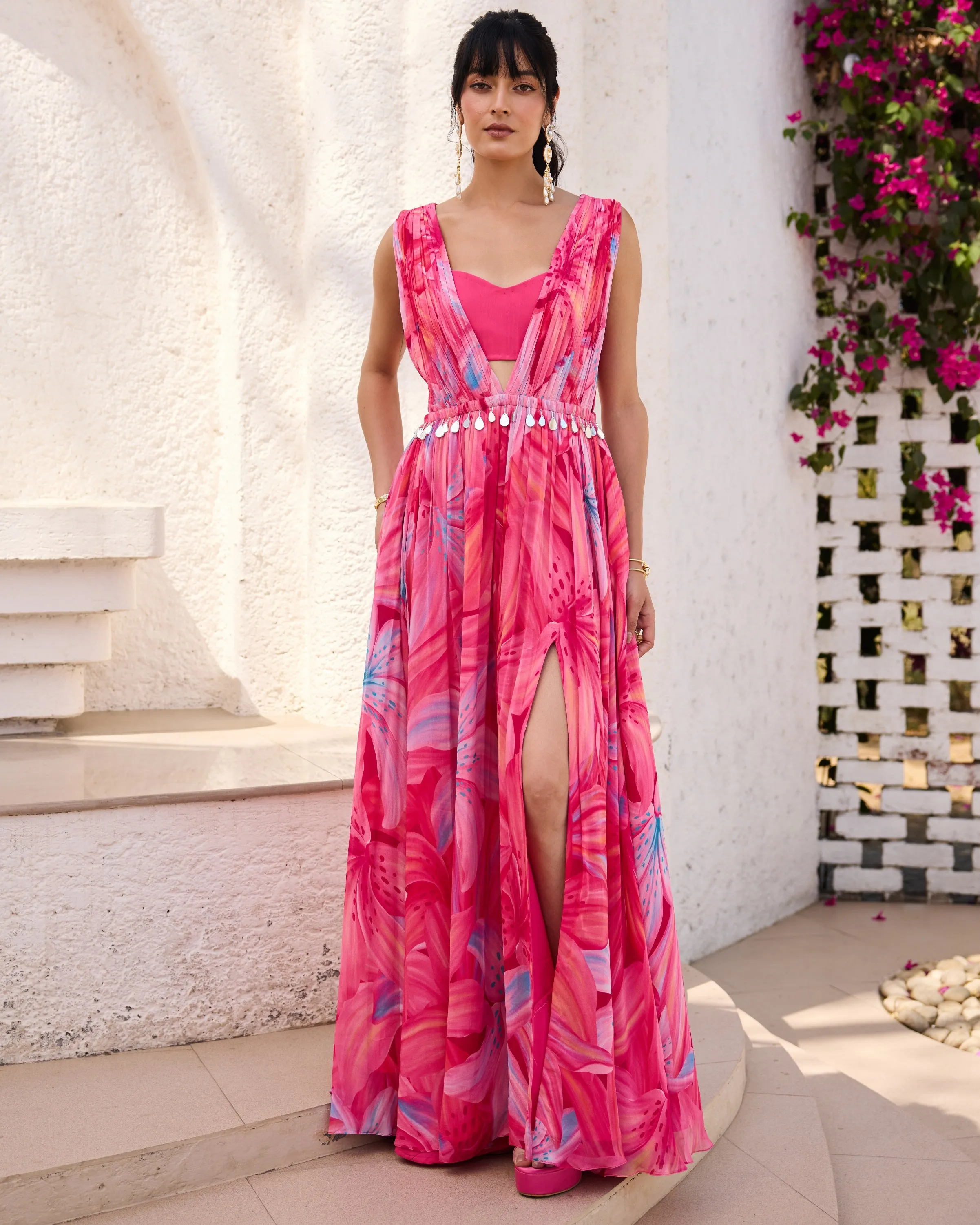 Blush Pink Lily Printed Slit Dress