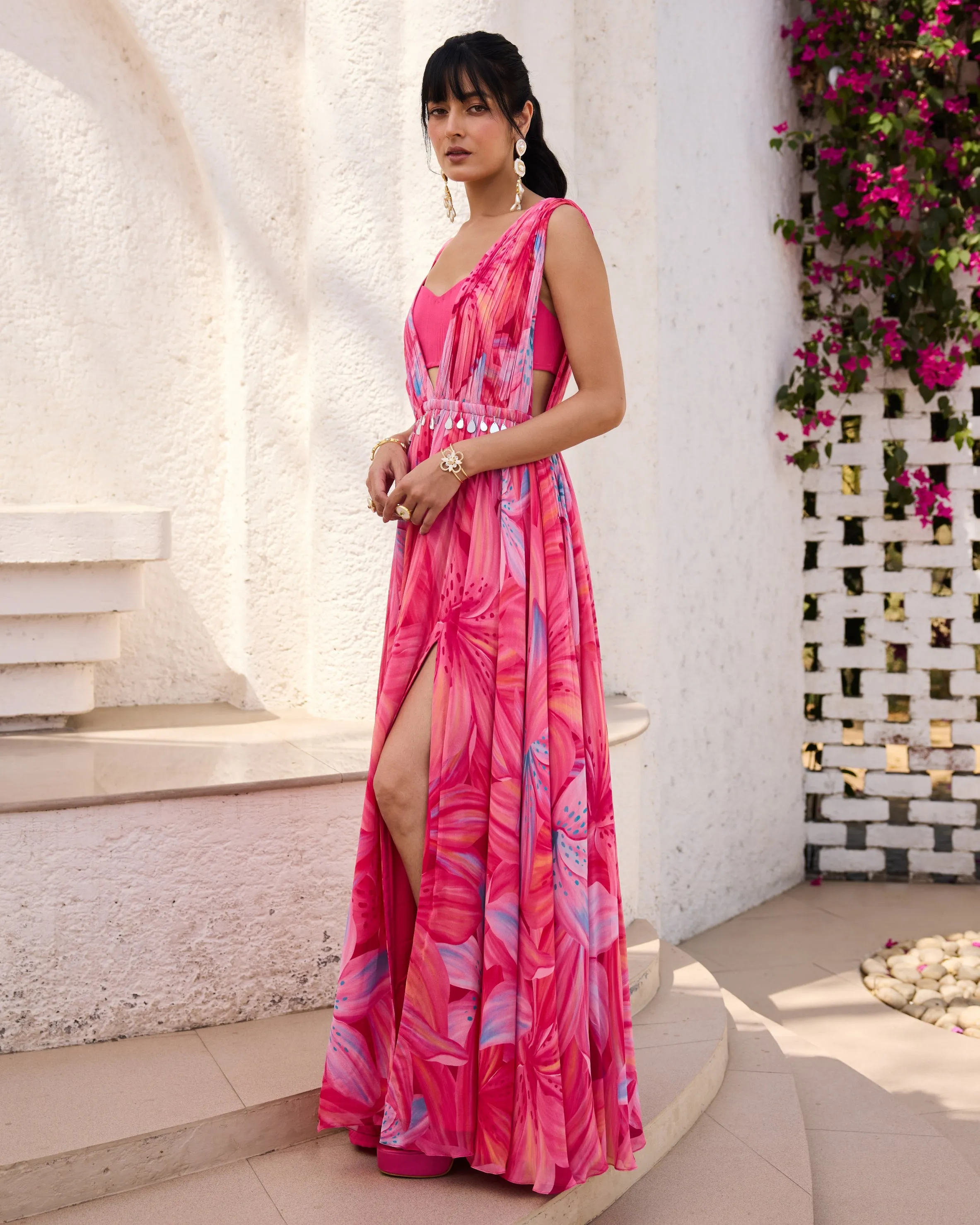Blush Pink Lily Printed Slit Dress