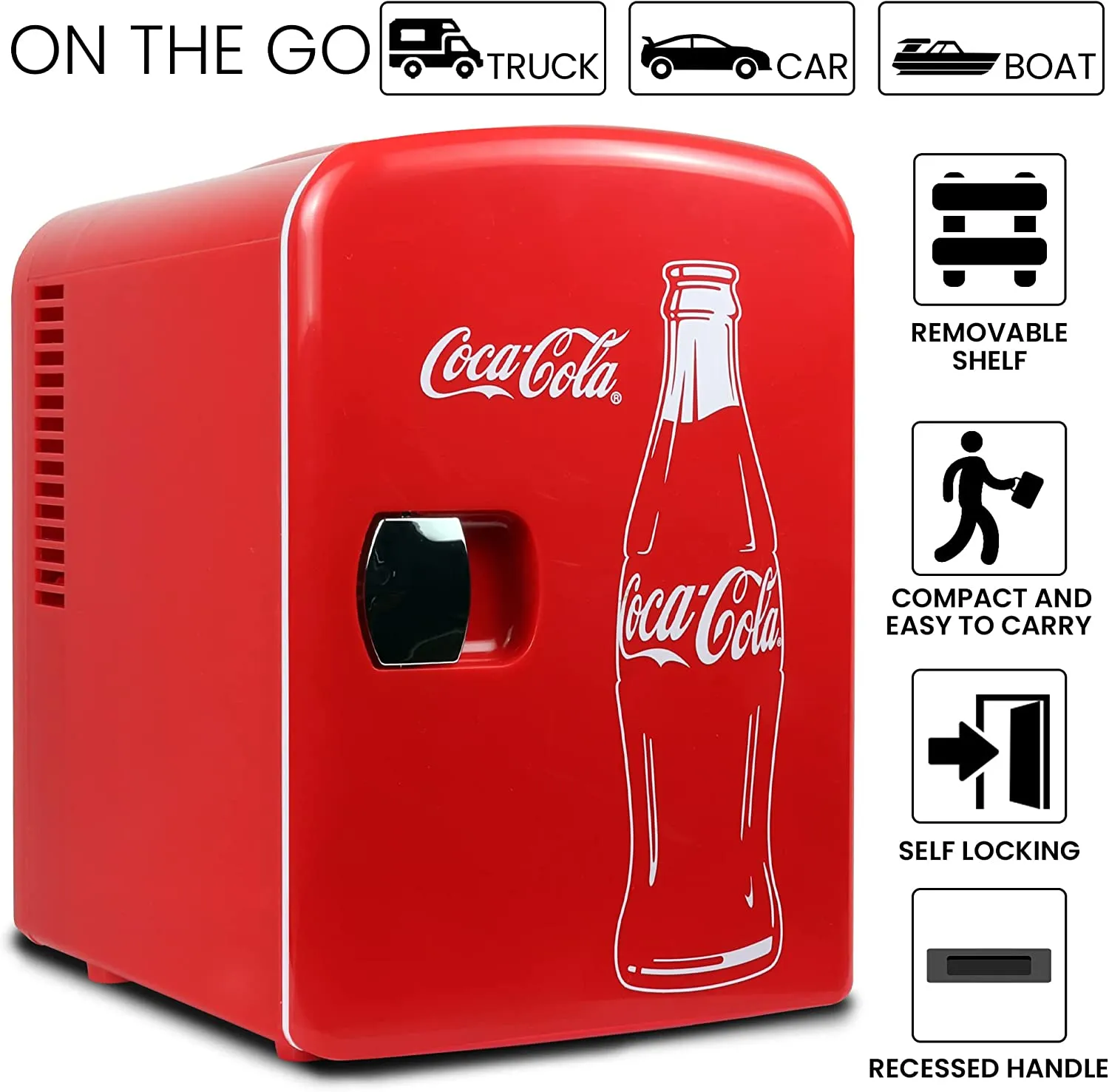 Coca-Cola Classic Red Portable 6 Can KOOLATRON CLASSIC Portable 6-CAN THERMOELECTRIC MINI FRIDGE COOLER, - RED 4 L/4.2 Quarts Capacity, 12V DC/110V AC for home, dorm, car, boat, beverages, snacks, skincare, cosmetics, medication