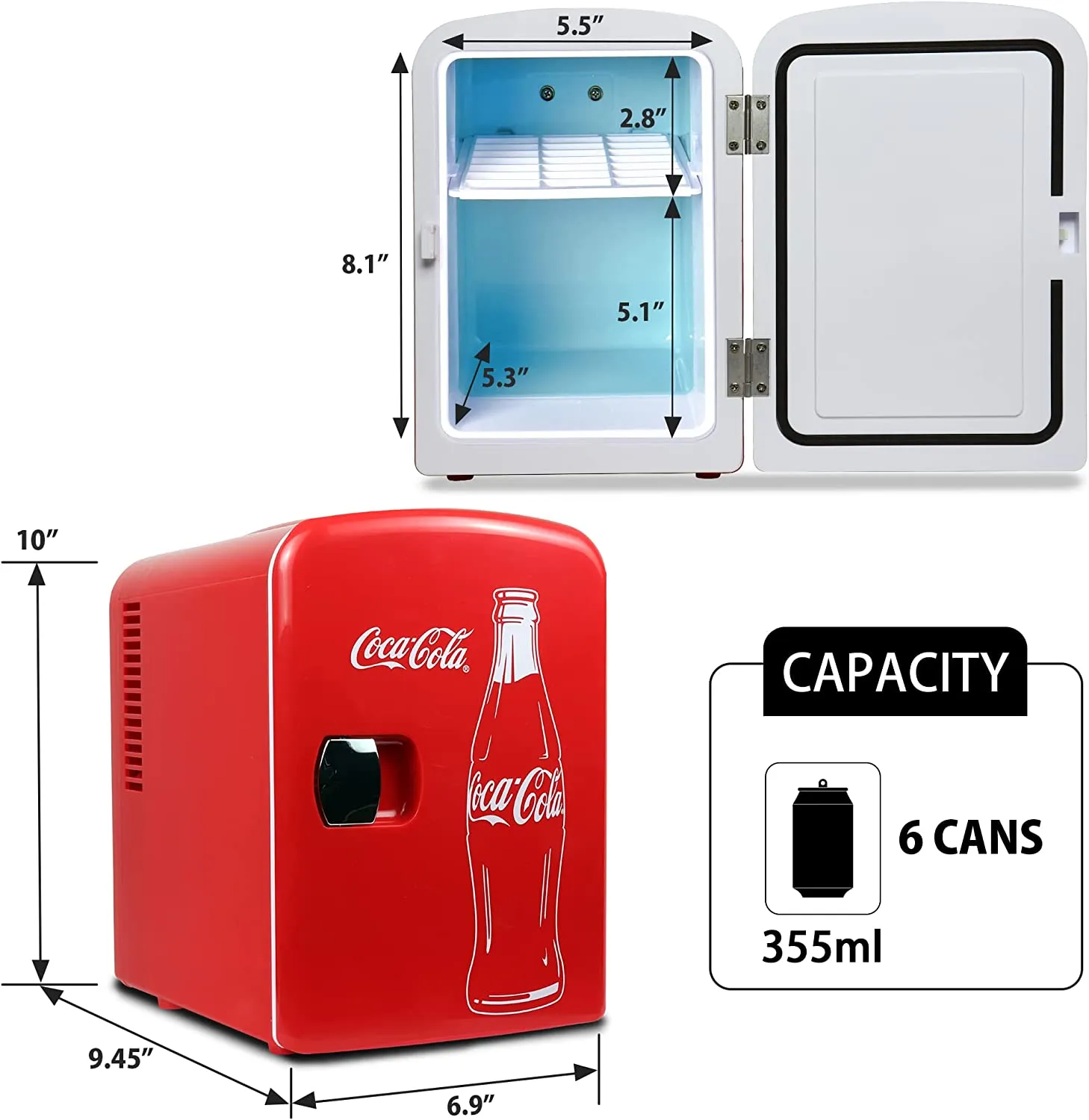 Coca-Cola Classic Red Portable 6 Can KOOLATRON CLASSIC Portable 6-CAN THERMOELECTRIC MINI FRIDGE COOLER, - RED 4 L/4.2 Quarts Capacity, 12V DC/110V AC for home, dorm, car, boat, beverages, snacks, skincare, cosmetics, medication