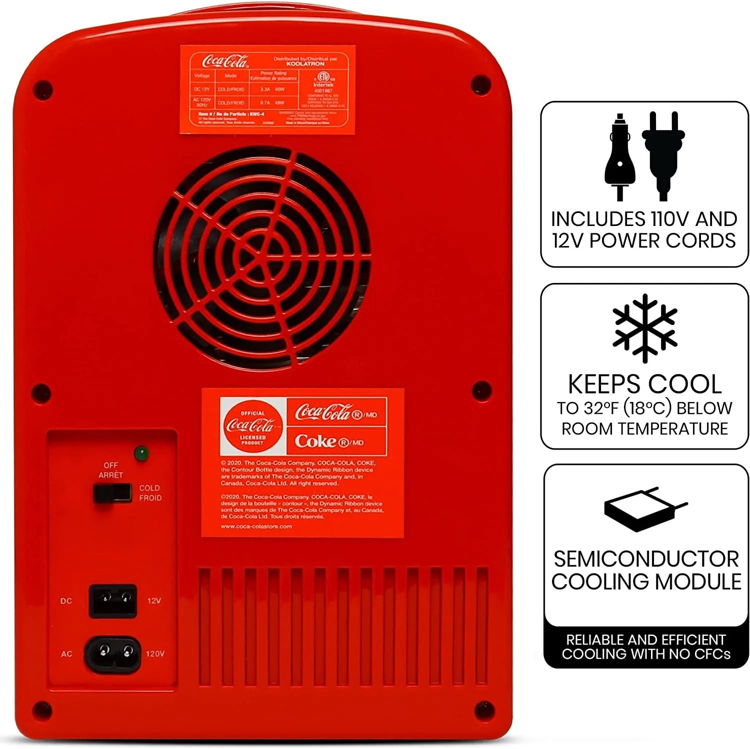 Coca-Cola Classic Red Portable 6 Can KOOLATRON CLASSIC Portable 6-CAN THERMOELECTRIC MINI FRIDGE COOLER, - RED 4 L/4.2 Quarts Capacity, 12V DC/110V AC for home, dorm, car, boat, beverages, snacks, skincare, cosmetics, medication