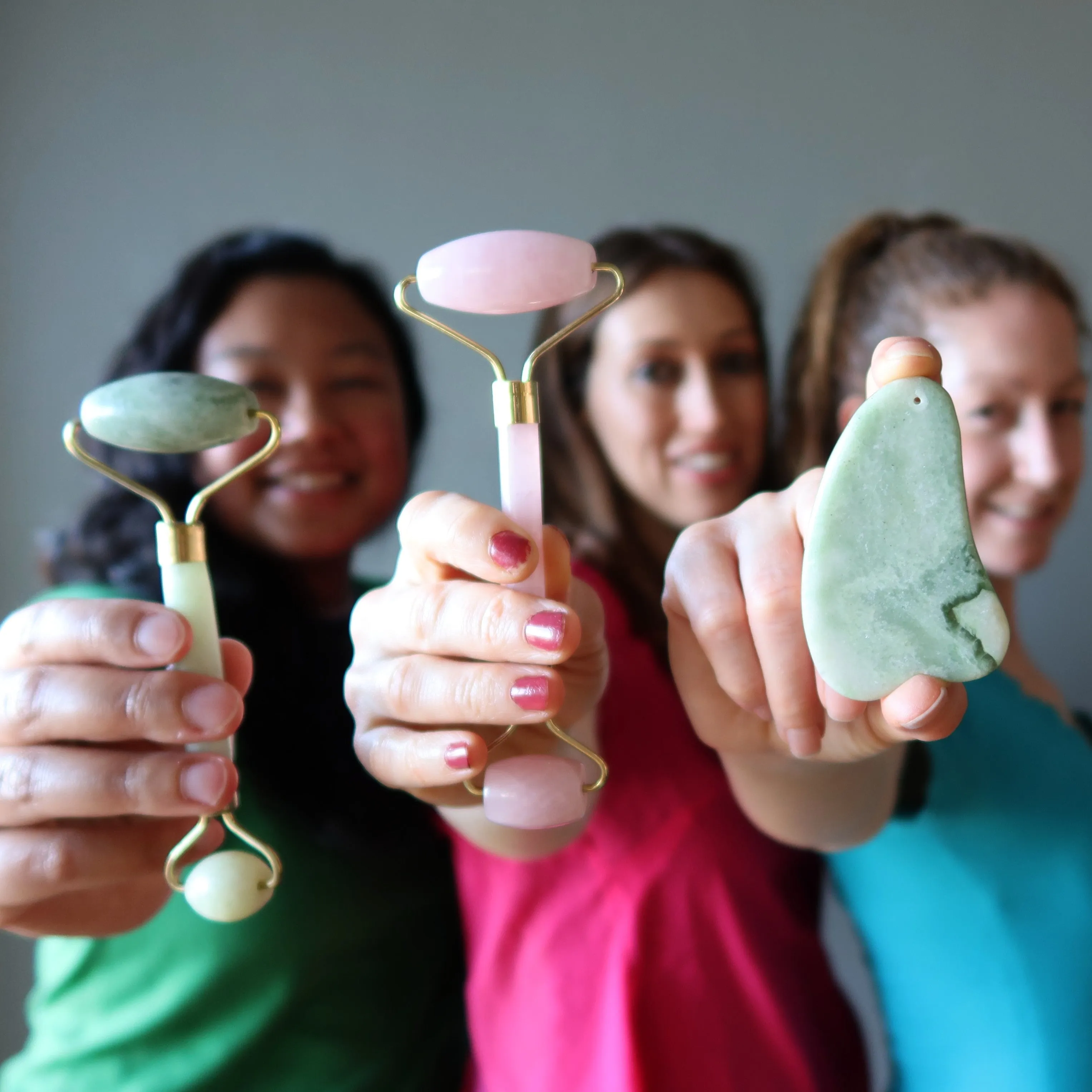 Jade and Rose Quartz Facial Roller Scraper Crystal Wand Set