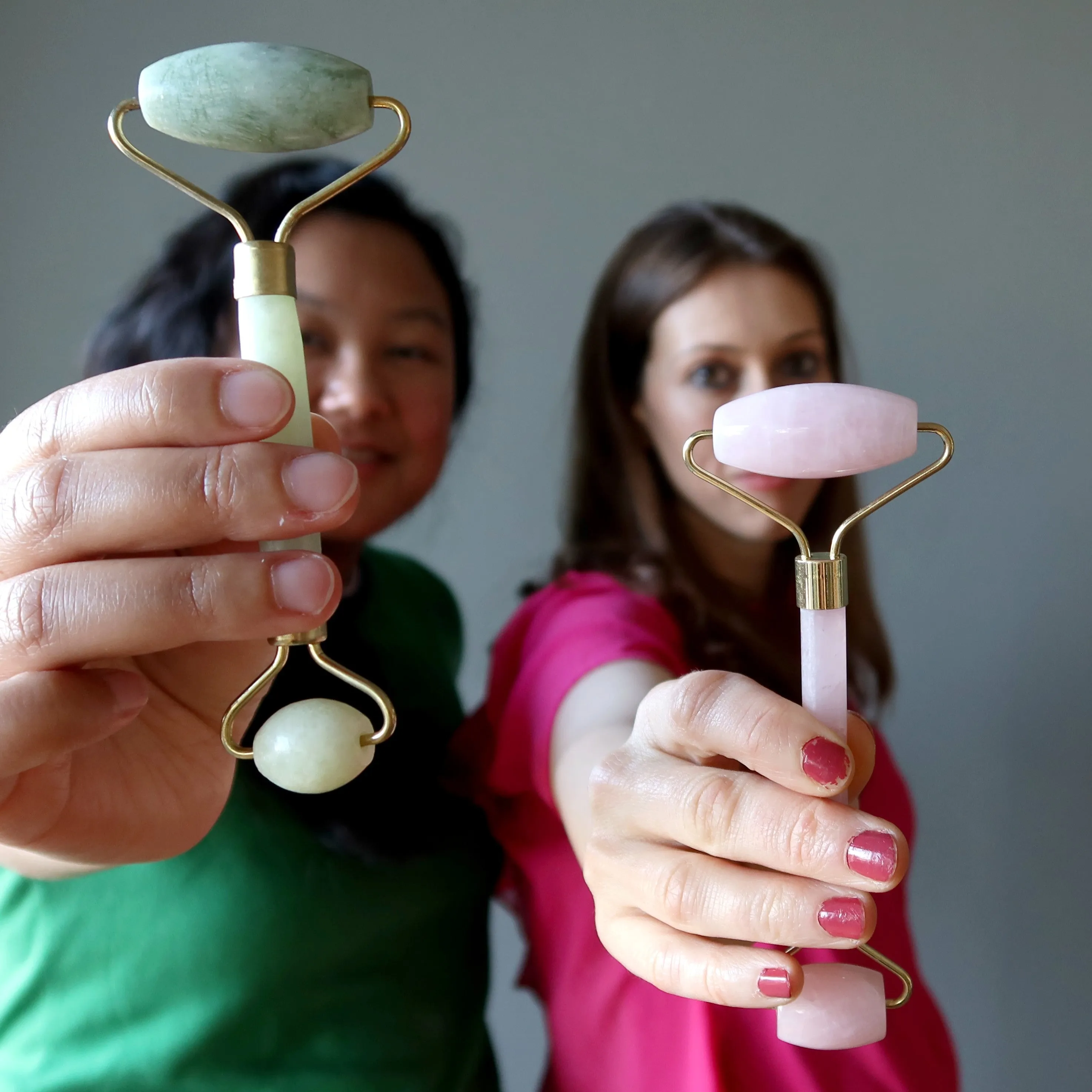 Jade and Rose Quartz Facial Roller Scraper Crystal Wand Set