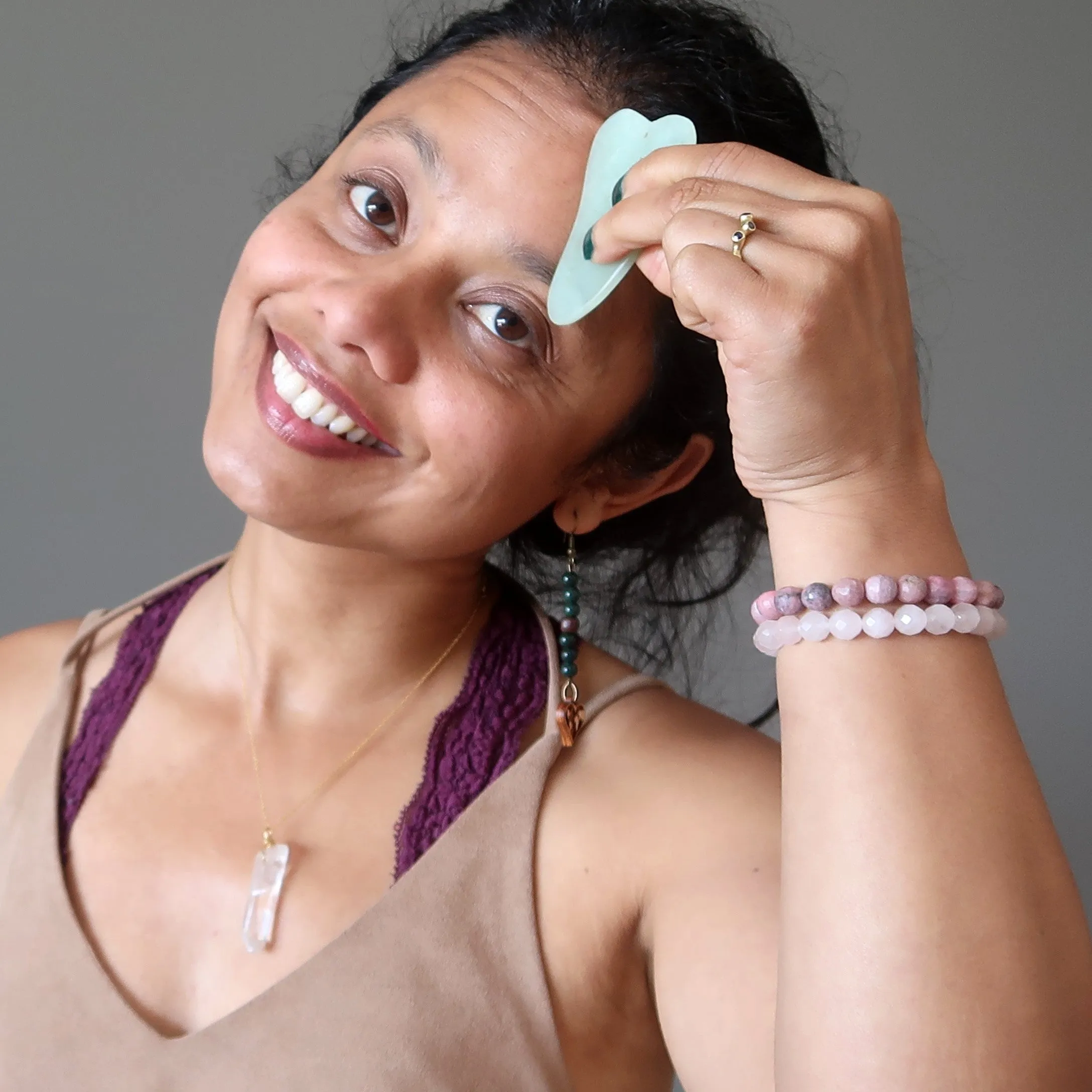 Jade and Rose Quartz Facial Roller Scraper Crystal Wand Set