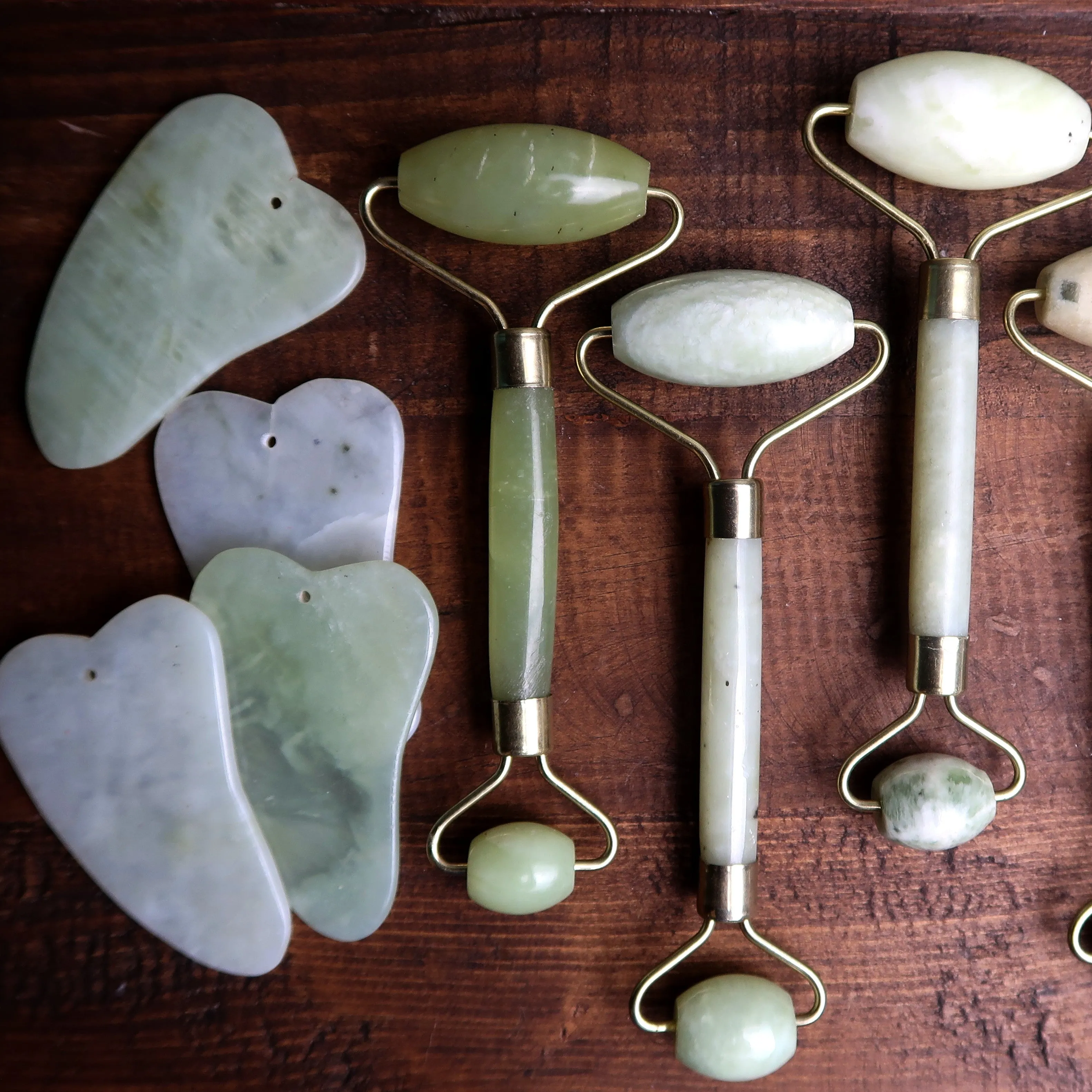 Jade and Rose Quartz Facial Roller Scraper Crystal Wand Set