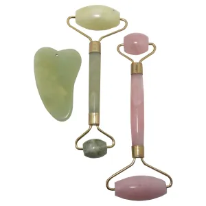 Jade and Rose Quartz Facial Roller Scraper Crystal Wand Set