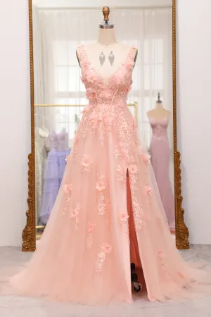Luolandi Blush A-Line Spaghetti Straps Long Prom Dress With Appliques Flowers And Slit